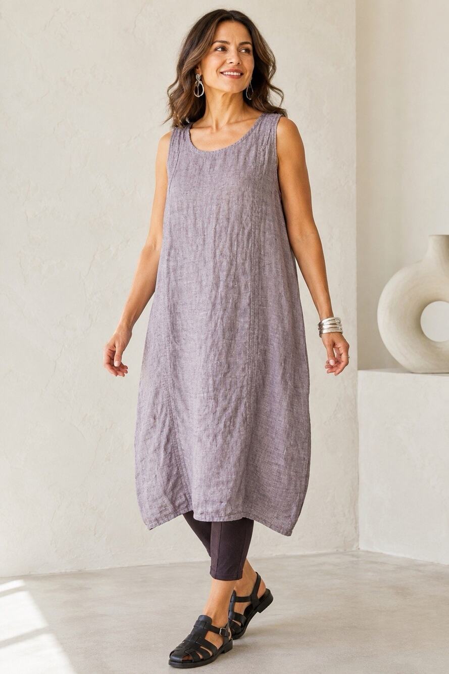 FLAX Medium Purple Gradient 100% Linen Lagenlook Midi Tank Dress